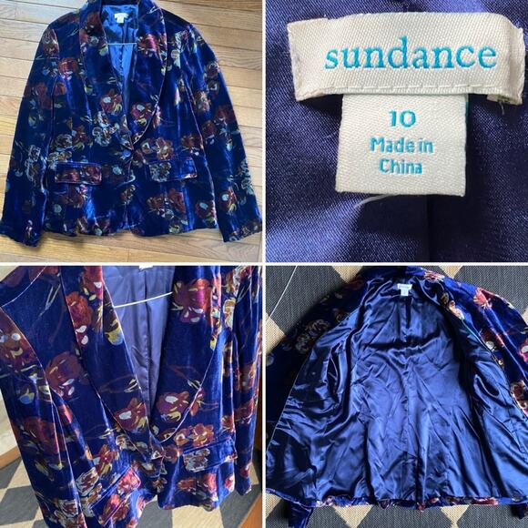 SUNDANCE $228 Rose Garden Blue Floral Velvet Blazer size 10 EUC - Picture 1 of 16